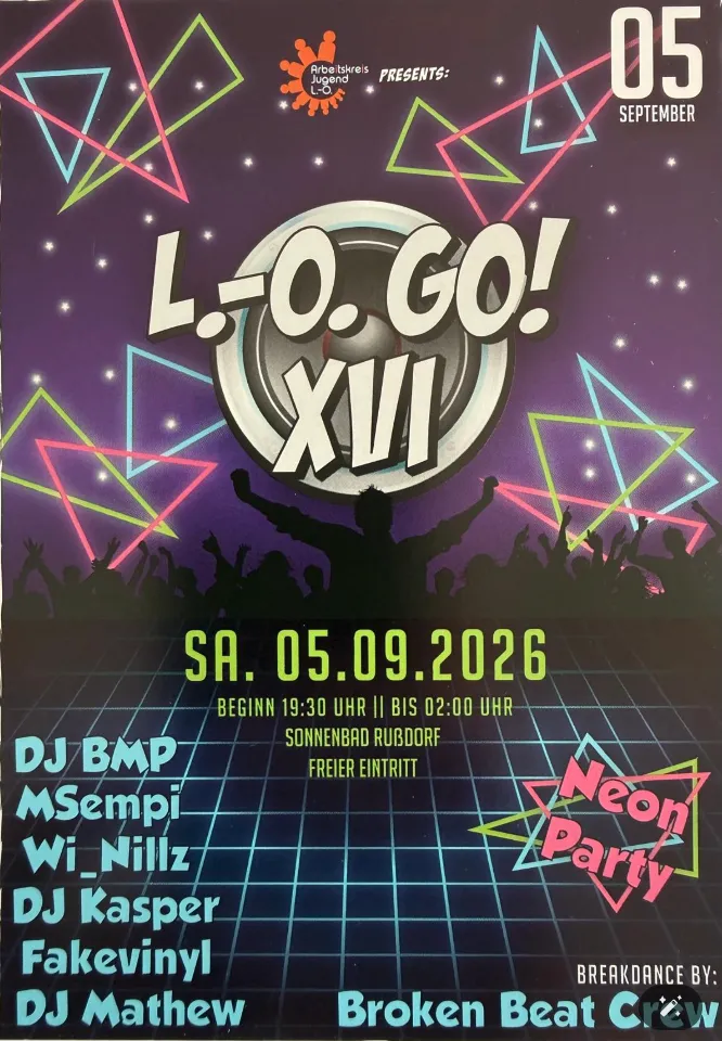 Plakat L.-O. GO! XVI – Neon Party am 05.09.2026 im Sonnenbad Rußdorf